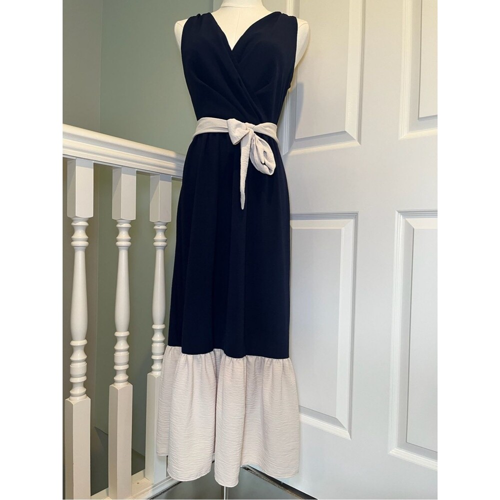 DKNY Navy Midi Dress with Cream Tie and Hem Ruffle Colorblock Elegant US 2